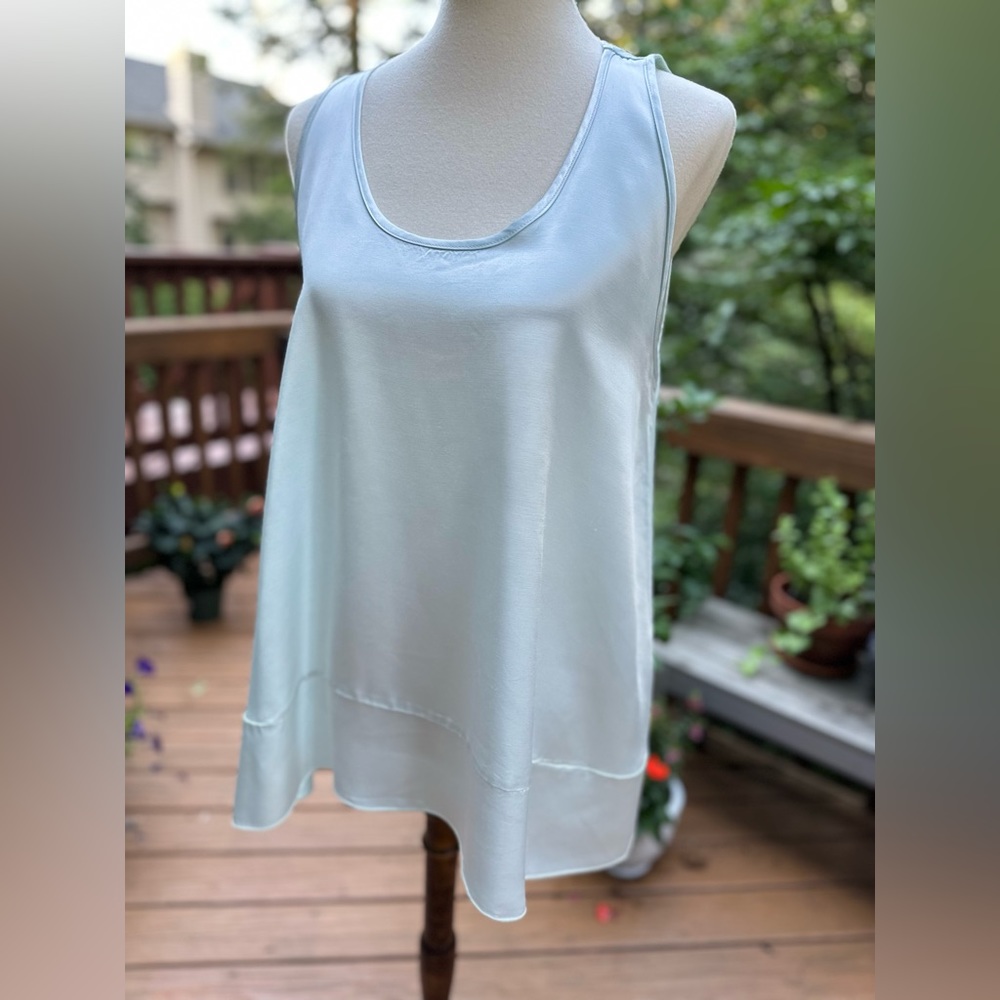 PJ Harlow Natalie Satin Tank With Ruffle Oxygen Light Blue Medium NWT